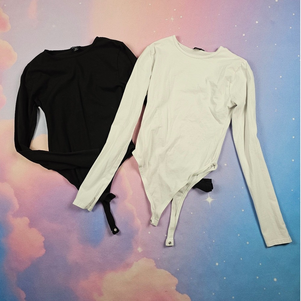 Boohoo Bodysuit Set Women Black White Long Sleeve Crewneck Excellent Layering